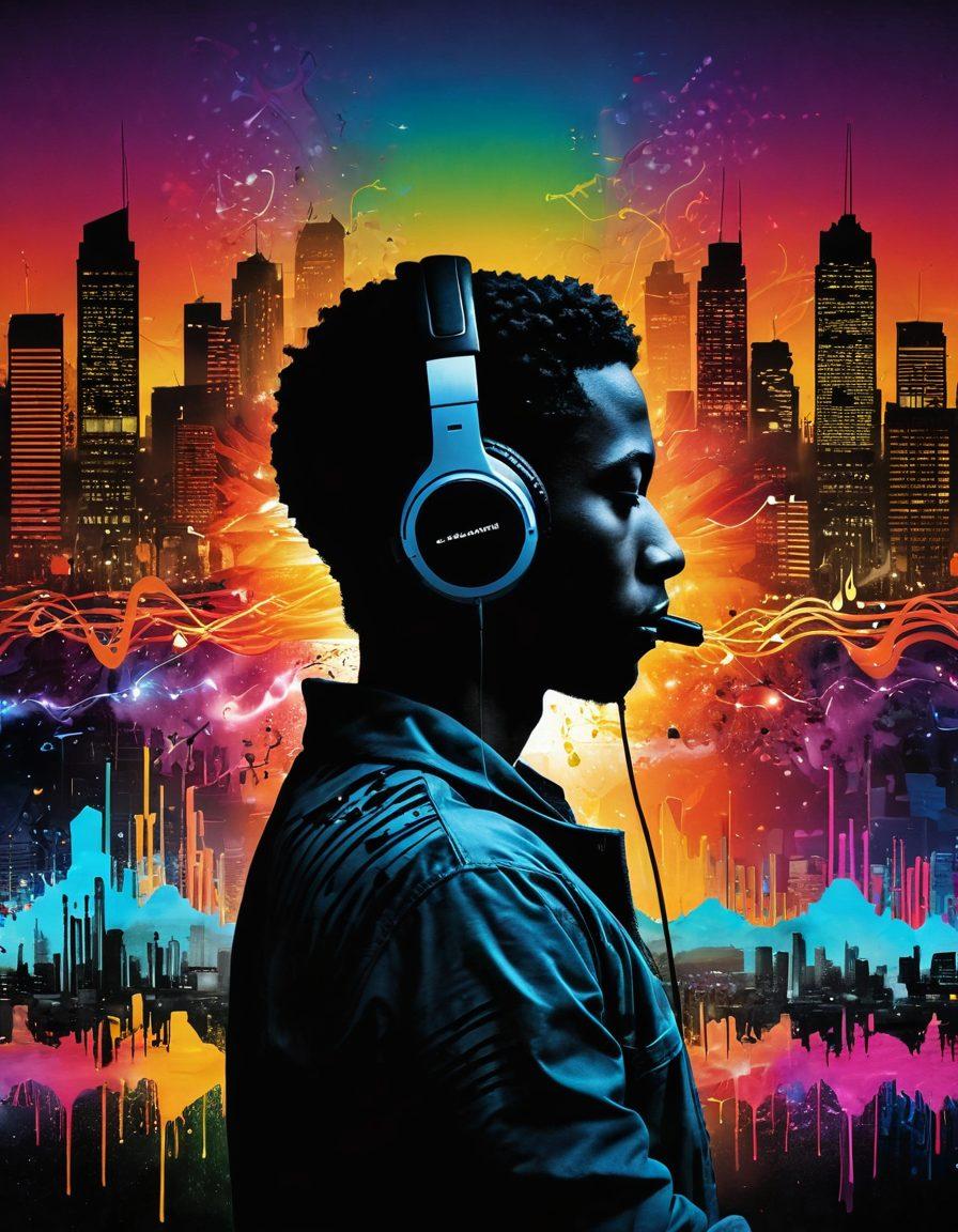 A mesmerizing collage of sound waves intertwined with vibrant cityscapes, featuring a silhouette of a person immersed in music, reflecting on their personal journey. Include elements like musical notes, headphones, and graffiti art to represent societal influences. The background should seamlessly blend warm and cool colors to evoke emotions. super-realistic. vibrant colors. 3D.
