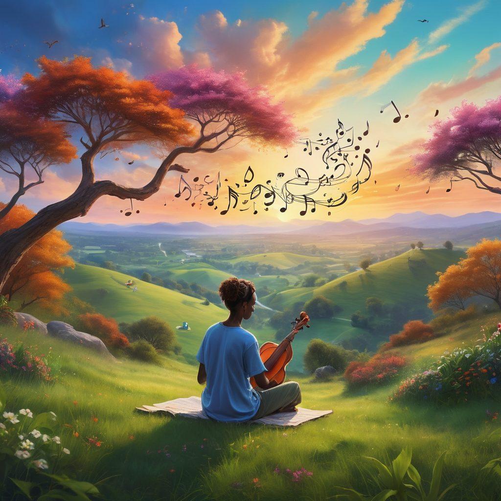 A serene landscape with a person sitting on a grassy hill, surrounded by musical notes floating in the air, symbolizing culture and creative expression. In the background, diverse cultural motifs and instruments harmoniously blend with nature and vivid colors. The sky is painted with soft pastel tones, reflecting the soothing melody of life. Enhance the scene with an ethereal, dreamy atmosphere, capturing the essence of a personal journey through sound and culture. super-realistic. vibrant colors. soft focus.