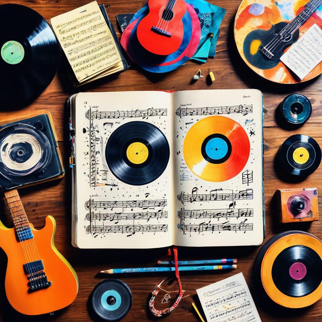 A vibrant diary opened on a wooden table, filled with handwritten notes and colorful sketches of musical notes and instruments. Surrounding the diary are various vinyl records and iconic pop music memorabilia, with bursts of colorful soundwaves emanating from the pages. Soft ambient light casts a warm glow, evoking a sense of nostalgia and creativity. watercolor style, vibrant colors, textured background.